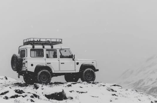 A white all-terrain vehicle is parked on a snowy mountain peak in the midst of a snowstorm. The vehicle's robust design contrasts with the soft, snowy landscape. A mountain range rises in background.
