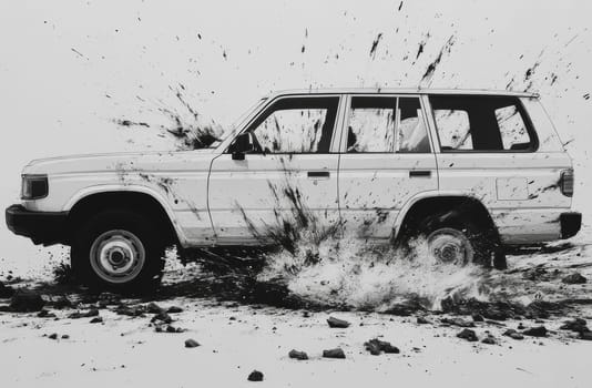 The monochrome photograph presents a white SUV aggressively moving through an off-road terrain, with mud and debris flying in its wake. The setting accentuates the ruggedness of the vehicle, creating a dynamic contrast.