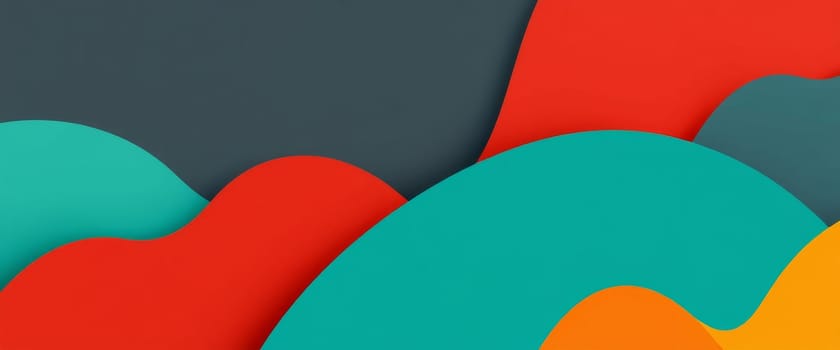 A colorful abstract background with layered rounded shapes. The composition features a dynamic arrangement of orange, red, teal, and gray with varying shades and depths for visual appeal.