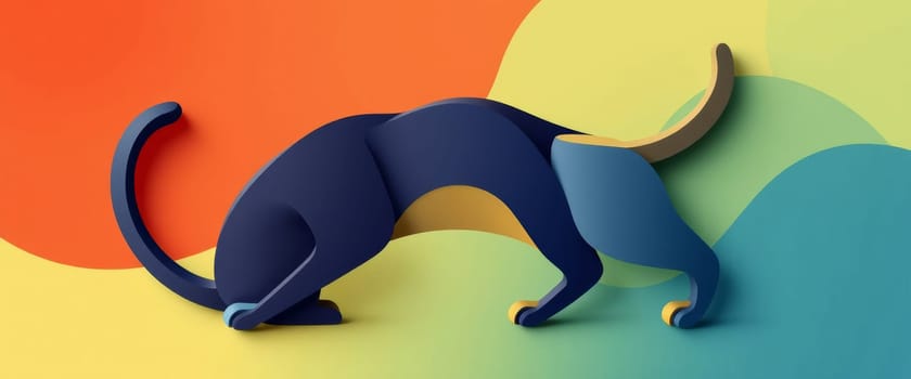 A 3D stylized cat sculpture with smooth geometric shapes is set against a backdrop of vibrant color gradients, showcasing an artistic and whimsical scene filled with light.