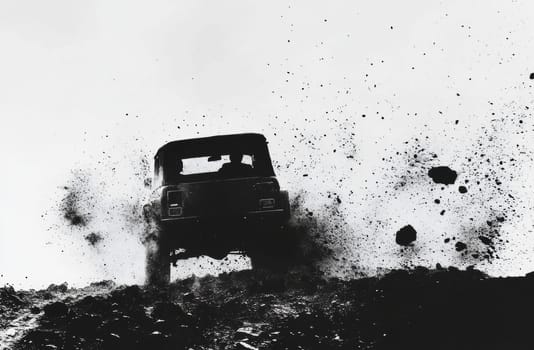 This striking black and white image captures an off-road vehicle ascending a rugged, rocky slope, kicking up dirt and debris. It symbolizes adventure, exploration, and tackling challenges.