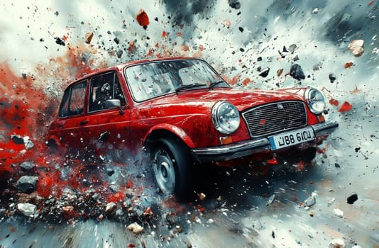 A vibrant red vintage-style car surges forward through an explosion of debris in a dynamic artistic composition. The scene captures intense motion and visual impact.