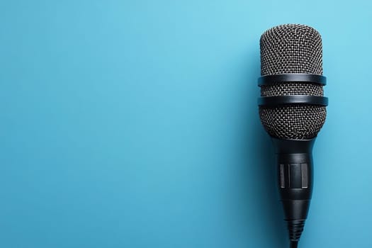 Microphone with elegant design and silver mesh head and black body, ideal for performances, recording and public speaking. Microphone on a blue background on the right