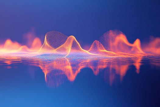 Waveform of sound spreading on blue banner background. Podcast or recording studio background