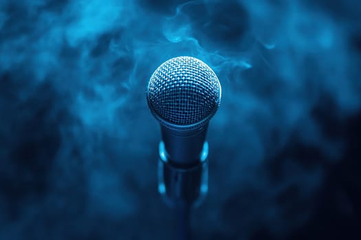 Professional microphone in smoke on dark blue background.