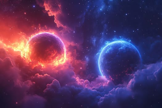 Fantastic image of red and blue planet in space in clouds of smoke. Concept of opposites. The concept of man as a universe. Mental health.
