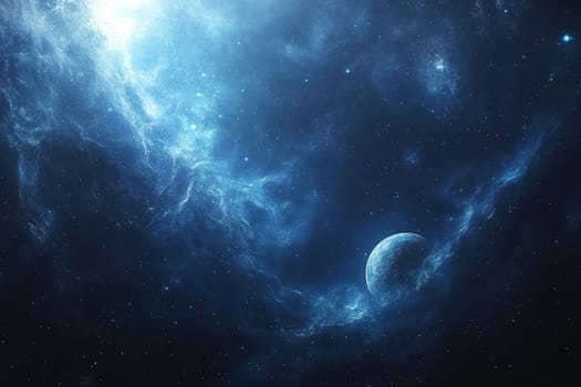 View from space of a lost planet among a nebula in dark space.