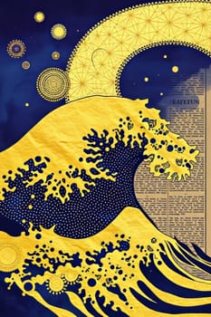 An artistic representation of a stylized wave incorporates celestial designs with a high-contrast color palette. Gold wave crests rise against dark blue with a text background.