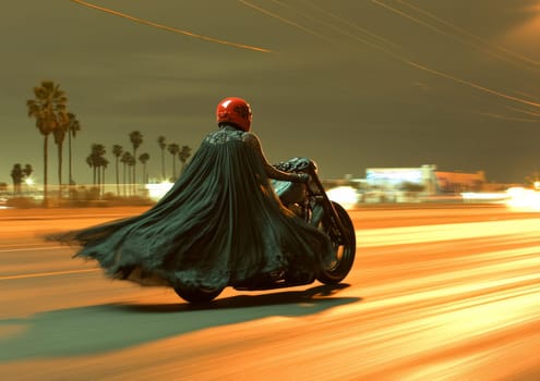 Captured at night, a figure wearing a red helmet and a cape rides a motorcycle along a highway. The scene evokes a sense of mystery and speed, with blurred lights adding to the dynamism.