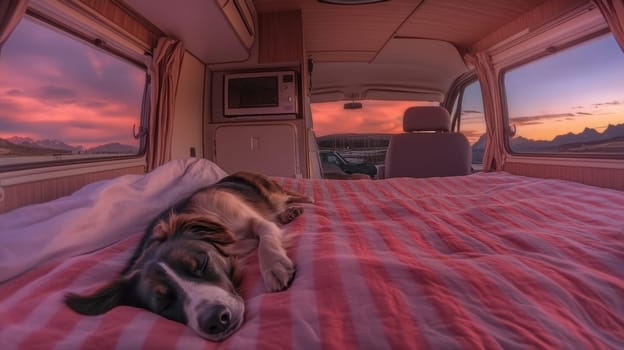 Inside a campervan, a dog sleeps peacefully on a red striped bed, bathed in the warm glow of a vibrant sunset seen through the windows. Cozy interior, highlighting a serene travel moment.