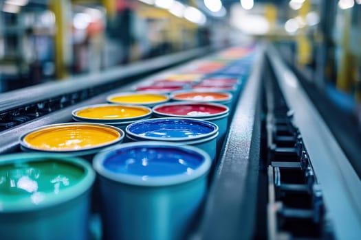 Cans of colored paint on a production line in a printing factory. Paint and varnish industry.