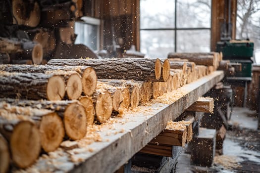 Sawn logs of trees lie at the sawmill. Harvesting timber.