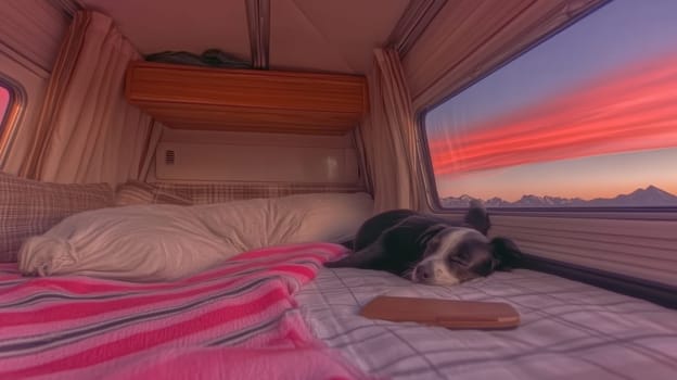 A peaceful shot of a dog sleeping on a bed inside a camper van. The morning light is creating a vibrant sunrise over snow-capped mountains seen through the open window, creating a cozy and serene scene.