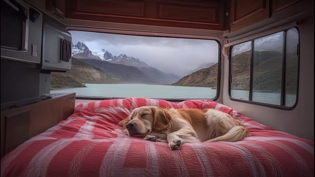 A golden retriever sleeps peacefully on a red and white striped bed inside a recreational vehicle. A stunning view of mountains and a serene body of water is seen through the windows.
