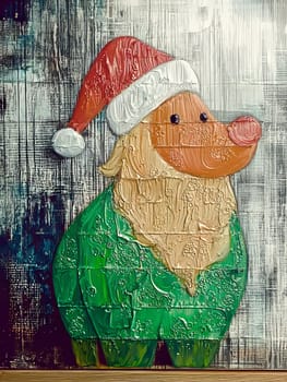 A textural art piece showcases an animal-shaped figure wearing a green suit and a Santa hat. The artwork features thick, layered paint application on a textured wooden surface.