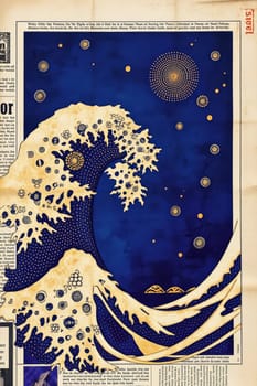 This image presents a stylized wave with detailed ornamentation against a dark blue backdrop. The wave is interspersed with gold-colored circles, and the composition recalls classic artistry.
