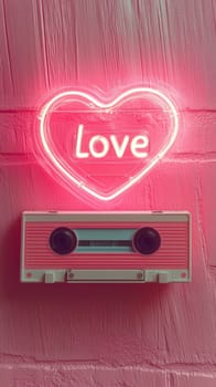This image features a bright pink neon 'Love' heart centered above a pink cassette tape. Both are affixed to a similarly colored textured wall, giving a retro yet contemporary ambiance.