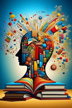 A silhouetted head stands atop stacked, open books, its interior bursting with colorful geometric shapes, dots, and lines, symbolizing the flow of knowledge, imagination, and creativity.