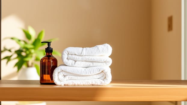 Spa treatment set, wooden shelf with neatly folded towels and dispensers for soap, cream, massage oil. High quality photo