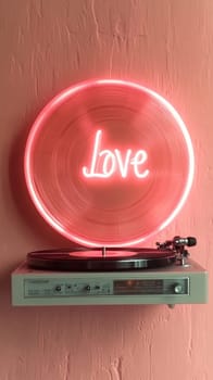 A vertically oriented image features a vintage record player mounted on a textured pink wall. The design is enhanced by a neon pink "Love" sign that adds a touch of romance.