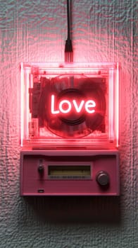 A vintage audio setup featuring a retro-style receiver topped with a transparent box housing a neon 'Love' sign against a round element, all mounted on a textured wall and illuminated in pink.