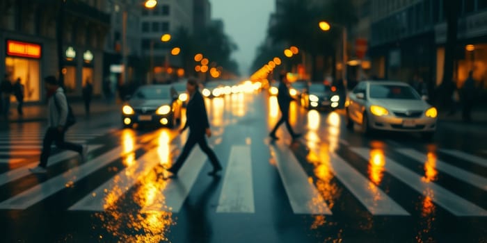 A lot of people walk along the pedestrian crossing during rush hour. High quality photo