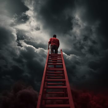 The red staircase leads up. Woman rises to her goal. High quality photo