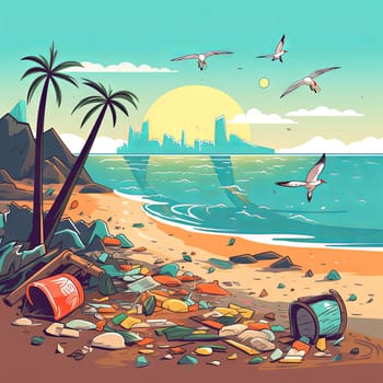 The problem of ecology. Heaps of garbage on the coast of the sea. High quality photo