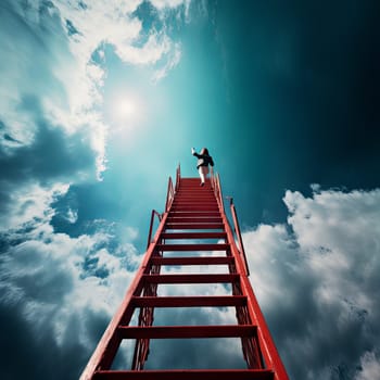 The red staircase leads up. Woman rises to her goal. High quality photo