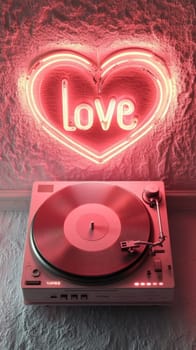 A modern record player in a pink setting is paired with a heart-shaped neon 'Love' sign, creating a romantic and musical atmosphere. The backdrop is a textured wall, enhancing the visual appeal.