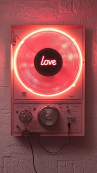 A vintage-style audio player with a neon record and the word 'Love' in the center is mounted on a textured white wall. The red light casts a warm glow, creating a romantic atmosphere.