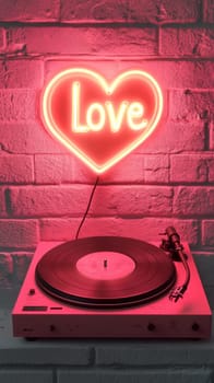 A retro vinyl record player sits beneath a glowing heart sign displaying the word 'Love' against a textured brick wall, bathed in a warm, pink light, creating a nostalgic and romantic atmosphere.