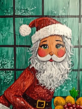 A vibrant depiction of a Santa figure rendered with thick paint strokes, set against a green backdrop evoking snow, capturing the whimsy of the holiday season. The vivid colors add to the celebratory feel.