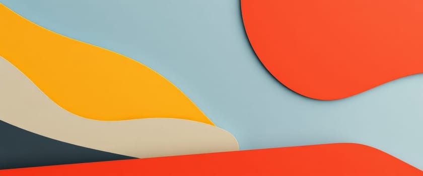 A modern abstract design features a colorful collage of layered paper shapes. Waves and curves in orange, yellow, beige, and slate tones overlay a soft blue background.