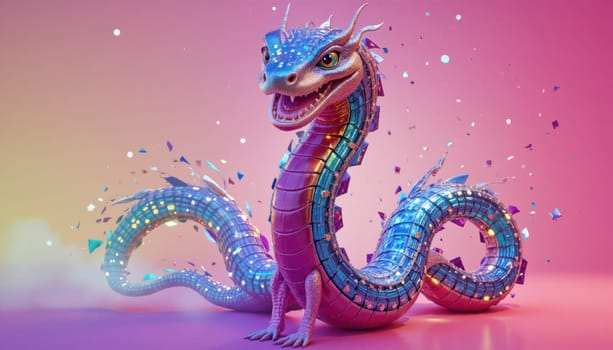A colorful, metallic dragon with a pink and blue body and a purple head. The dragon is sitting on a pink background