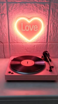 A turntable plays a vinyl record beneath a neon heart sign spelling out “love”, set against a textured wall, all illuminated by a radiant pink hue. The scene evokes a romantic, retro vibe.