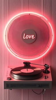 A pink record player sits beneath a circular neon 'Love' sign, set against a textured wall, combining vintage charm with a contemporary romantic statement, creating a warm, artistic ambiance.