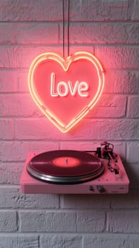 This scene presents a heart-shaped neon light glowing above a record player set against a textured brick wall. The monochromatic pink color scheme emphasizes the themes of love and retro.