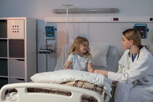 A caring nurse comforts a young patient in a soothing, modern hospital room designed for healing and recovery