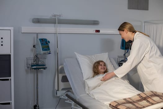A dedicated doctor caring for a young patient in a hospital room, showing compassion and professionalism