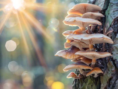 Close-up of mushrooms on a tree trunk, showcasing their unique structure in the forest. Sunlight streams through the trees creating bokeh highlights, enhancing the natural setting.
