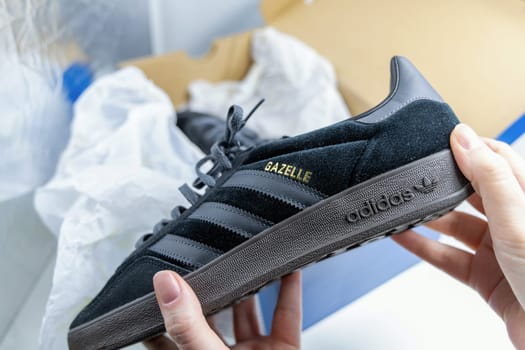 New fashion black Adidas sports sneakers. Casual shoes. Copenhagen, Denmark - February 26, 2025