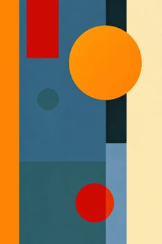 An abstract composition featuring vibrant geometric shapes like circles, rectangles, and lines in various colors. It balances solid forms to create a visually intriguing modern aesthetic.