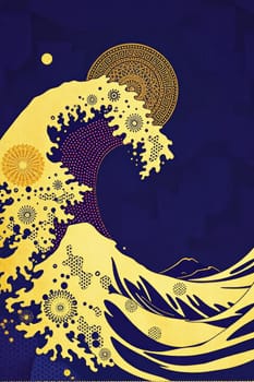 An artistic depiction of a large golden wave rendered with ornate details and a sun motif. The crest is dotted with decorative patterns over a dark blue backdrop.