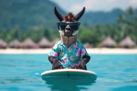 A playful llama wearing a vibrant beach shirt and sunglasses enjoys a sunny day surfing on a calm ocean, capturing the joy of summer adventures.