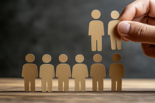 A paper cutout scene showcasing a hand lifting a human figure from a group, symbolizing teamwork, support, and leadership in creative projects or social settings.