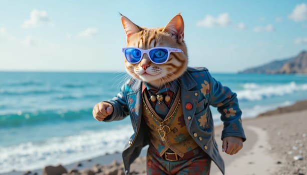 A cat wearing sunglasses and a suit is running on a beach. The cat is wearing a blue jacket and a red vest