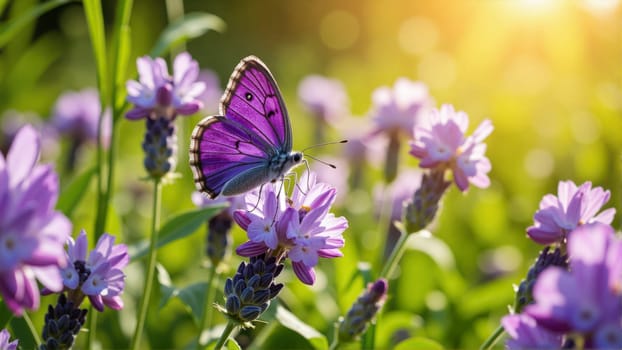 A purple butterfly is sitting on a purple flower. The flower is surrounded by other purple flowers, creating a beautiful and serene scene