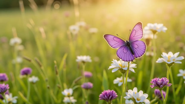 A purple butterfly is sitting on a purple flower. The flower is surrounded by other purple flowers, creating a beautiful and serene scene