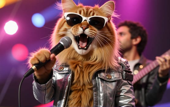 A cat wearing sunglasses and a microphone singing. The man behind the cat is playing a guitar